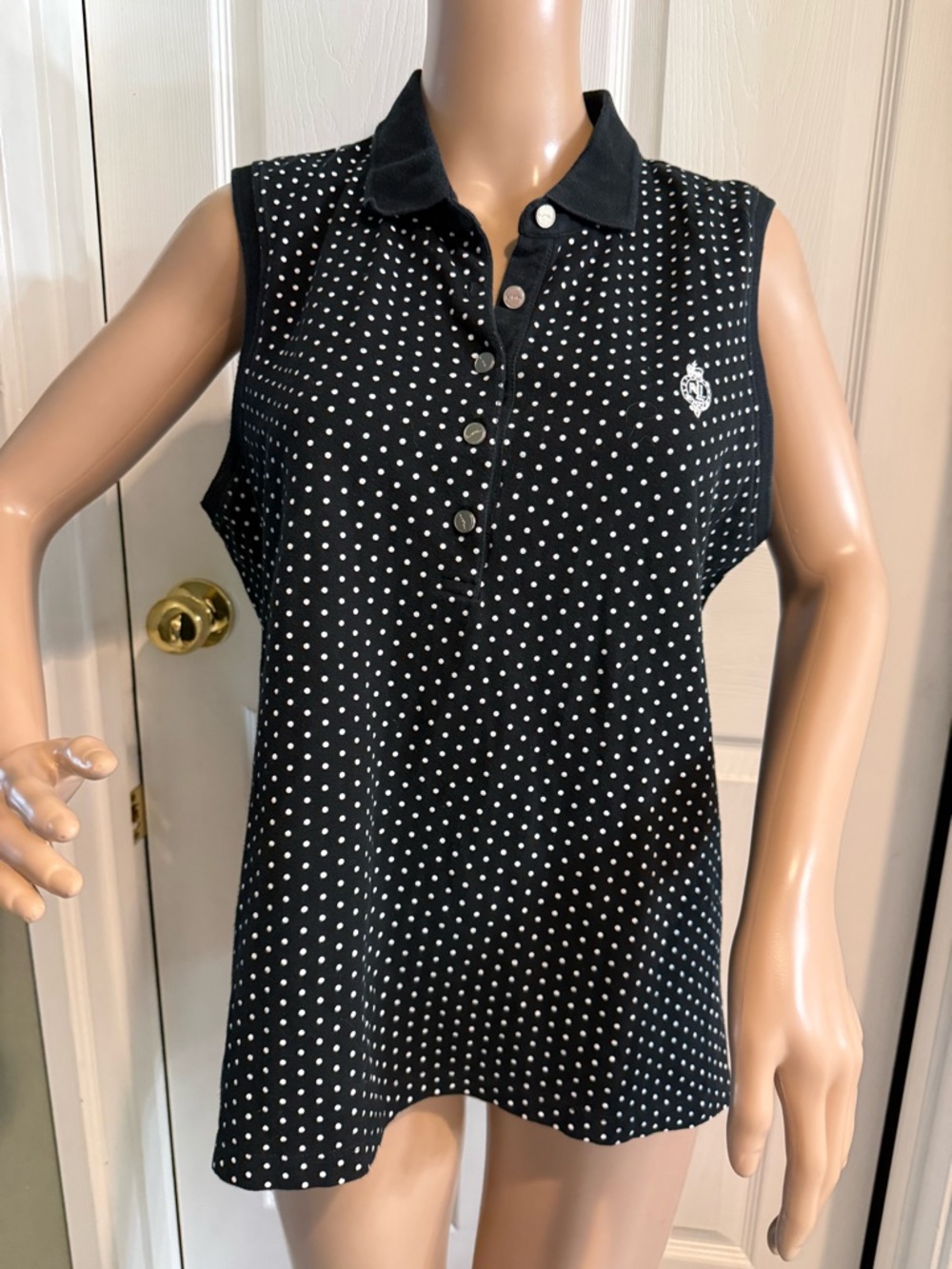 LRL Lauren Ralph Lauren Active Logo Crest Polo Top XL Black Golf Polka Dots